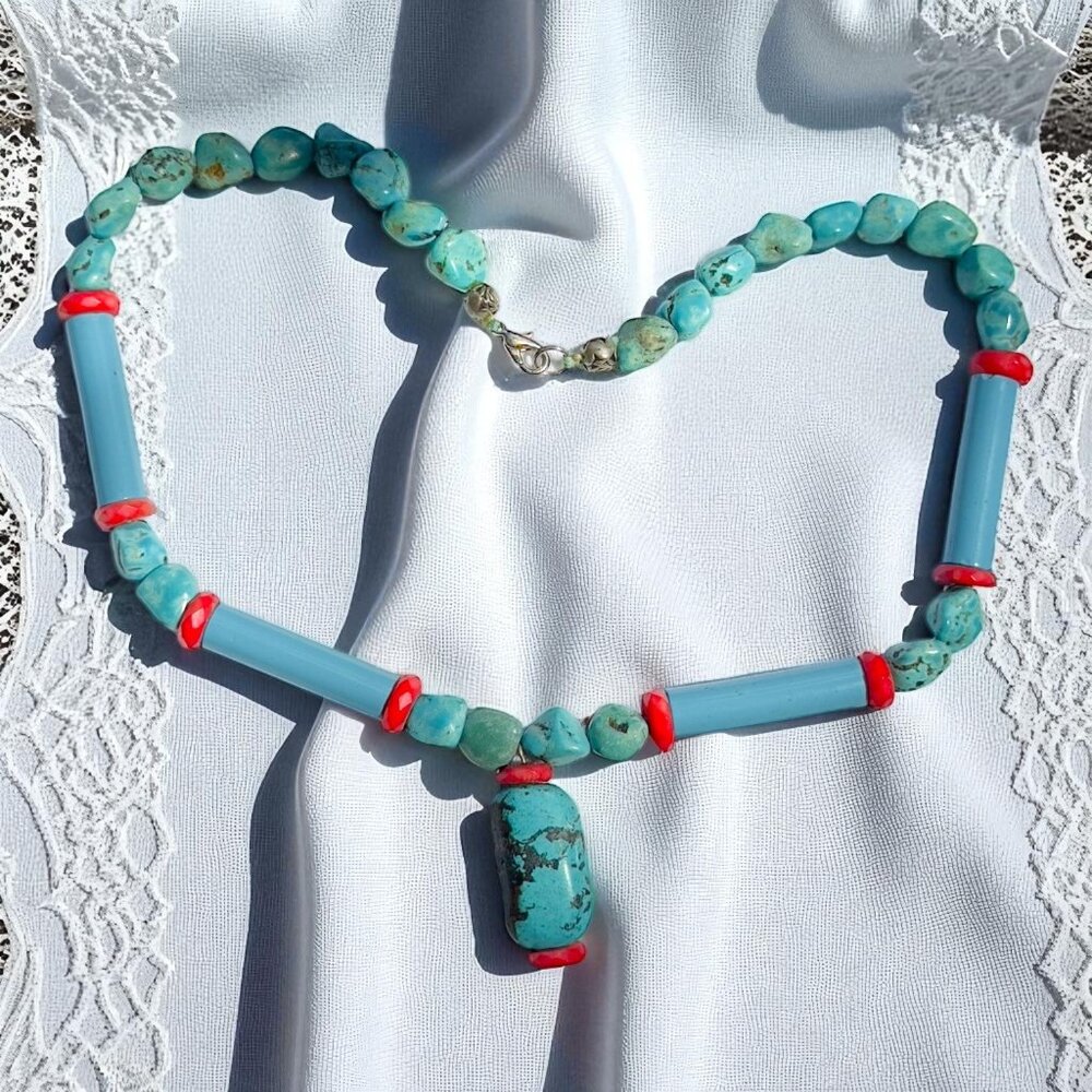Vintage Native American Turquoise & Coral Beaded Necklace W Center Stone Pendant - Picture 2 of 8